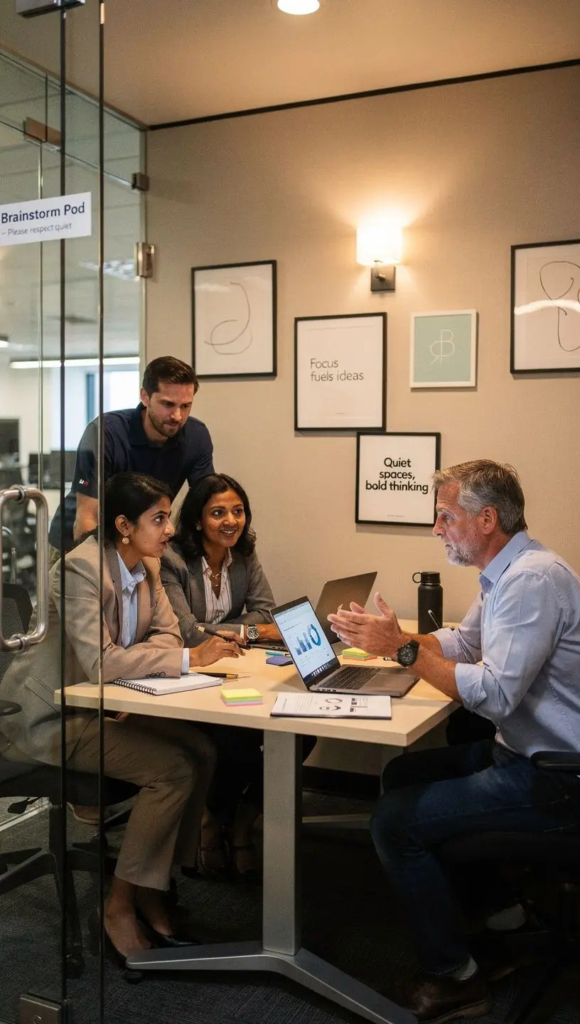 Miejsce relaksu w biurze z komfortowymi fotelami i lampami.